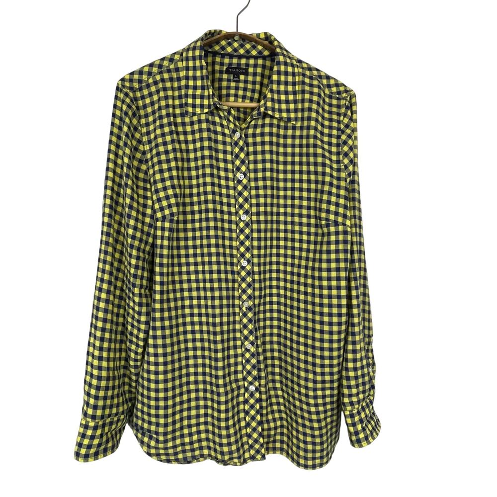 Talbots L Blue Yellow Gingham Plaid Shirt – Long Sleeve Cotton Classic Preppy